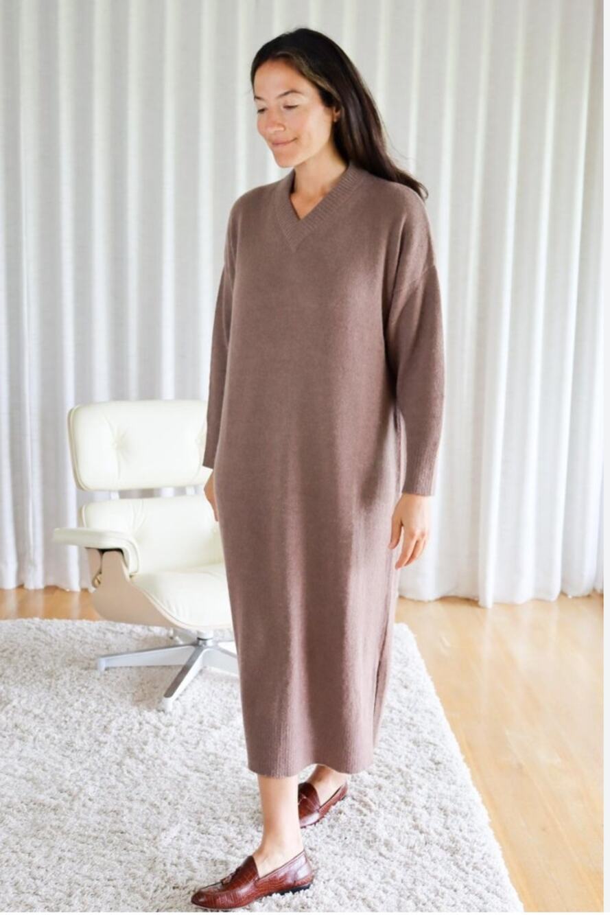 Monica Cordera Baby Alpaca V-Neck Dress in Cognac Womans One Size